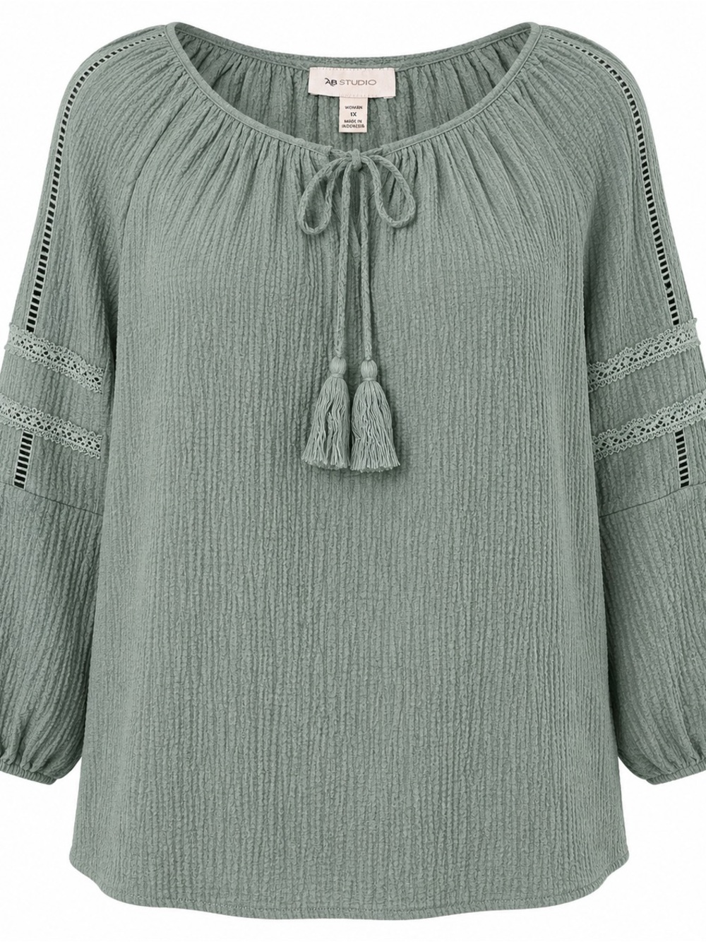 AB Studio Boho Peasant Blouse 1X Sage Green Tassel Tie Textured Lace Sleeve